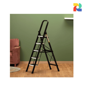BonKaso 5-Step Foldable Alloy Steel Ladder with Frame & Belt Support – Black